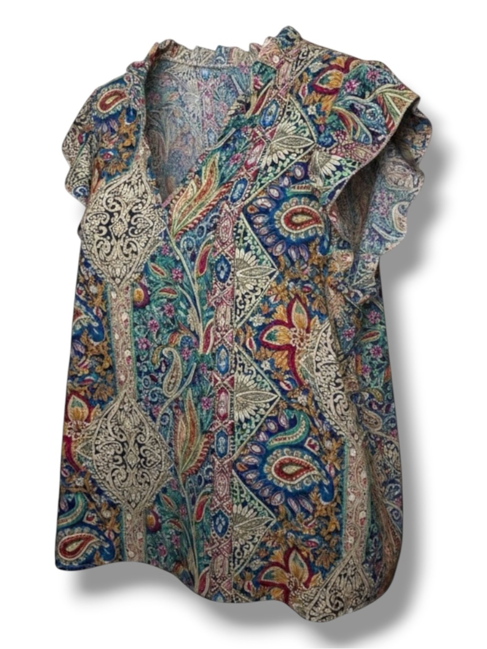 Paisley Ruffled Boho Blouse Ruffled Cap Sleeve Multicolor V Neck Travel Top 1XL